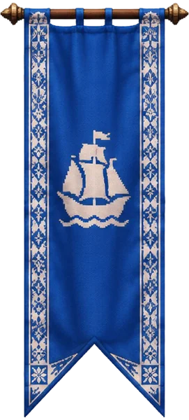Panji biru Dewan Galangan berlambang kapal putih.