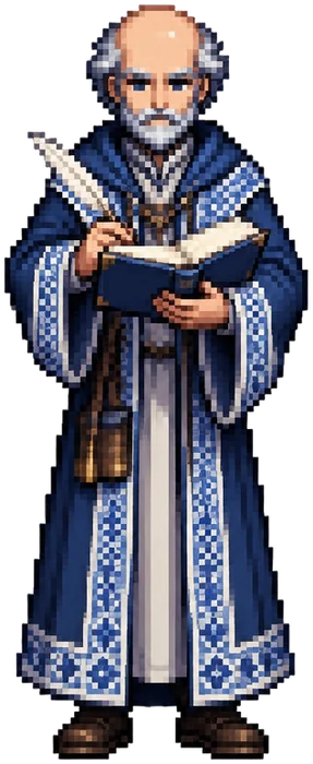 Quintus Abelard, sarjana tua berjubah biru tinta, menulis di buku yang terbuka.