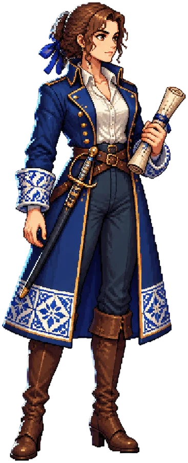 Leonor Verardi, sprite pixel bermantel kapten biru dengan peta laut tergulung di tangan.