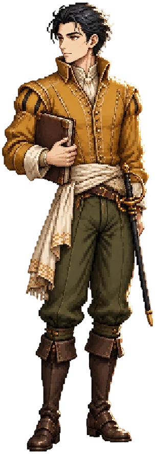 Matteo Verardi, sprite pixel berbaju oker dengan buku besar di bawah lengan.